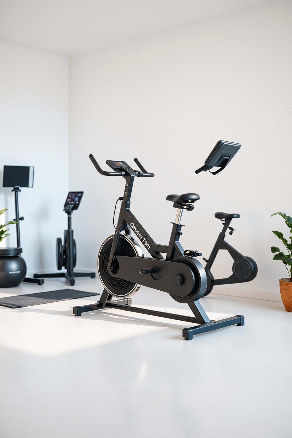 Modern home gym setup with various smart fitness equipment like an AI-powered exercise bike and virtual reality headset, set against a clean, minimalist background.
