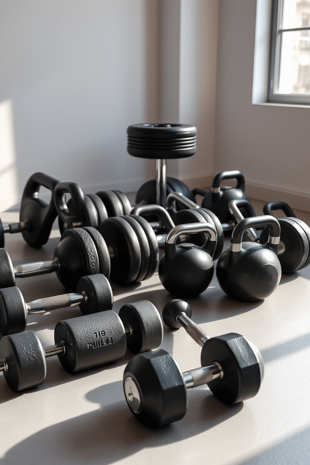 A neat arrangement of various free weights, including dumbbells, barbells, and kettlebells, on a clean gym floor