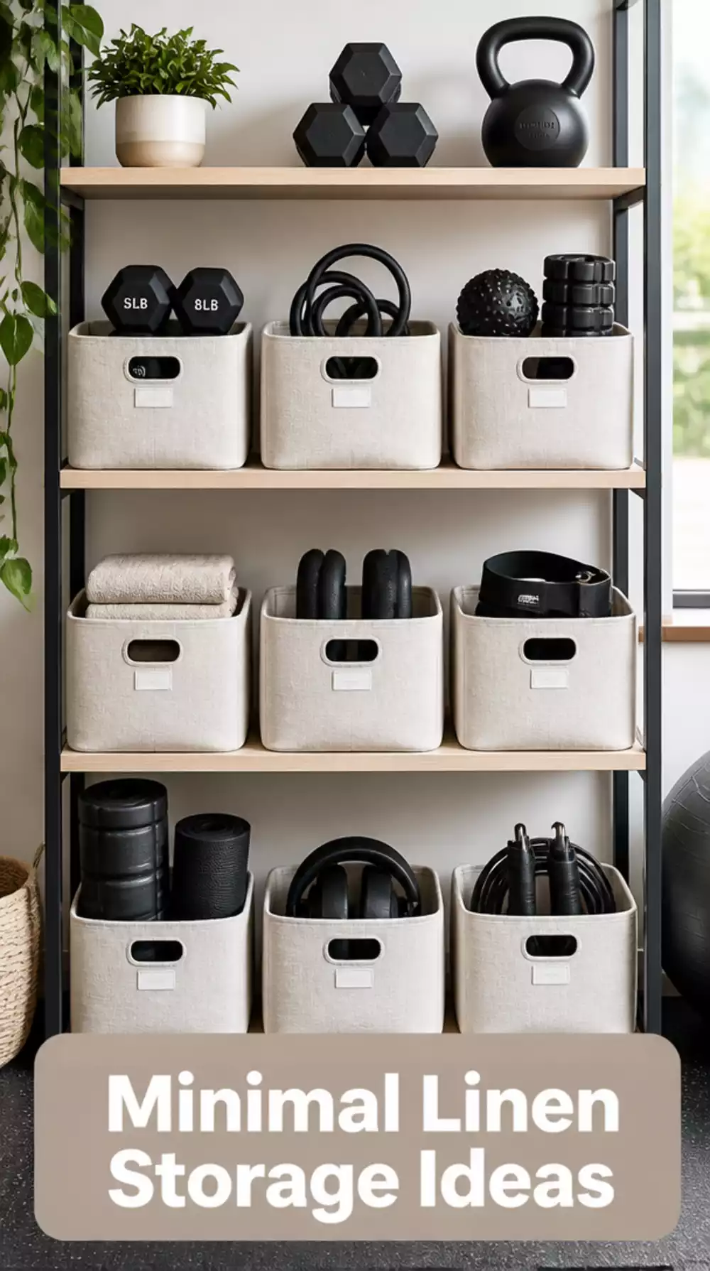 Home Gym Minimal Linen Storage Bin That Hides Accessories on an Open Shelf