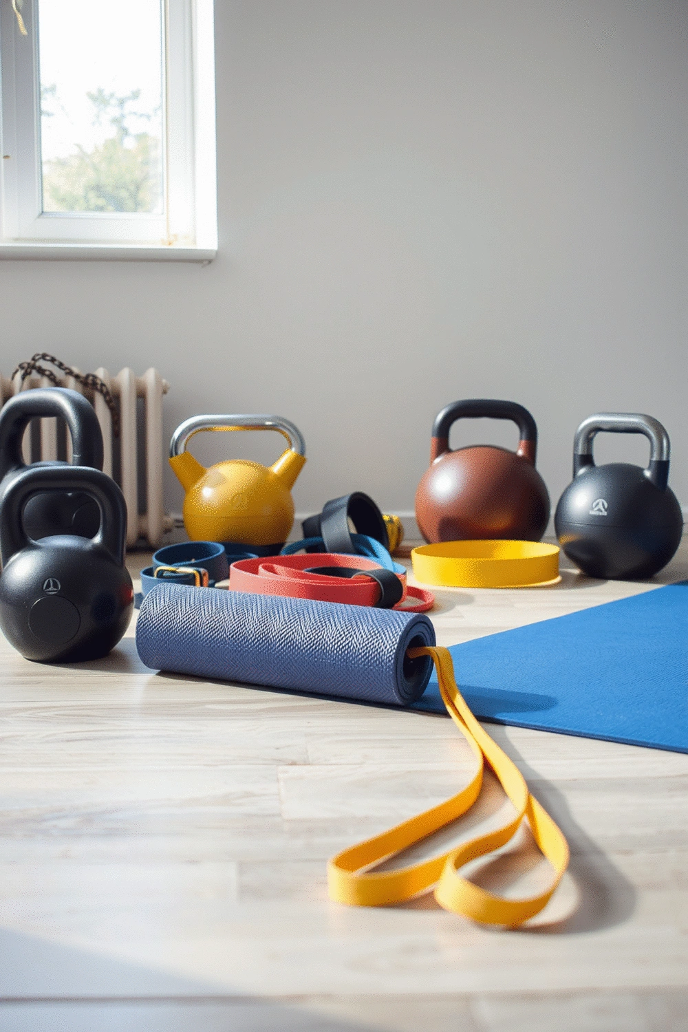 Arrangement of diverse home gym equipment including kettlebells, resistance bands, and a neatly rolled yoga mat on a minimalist floor.
