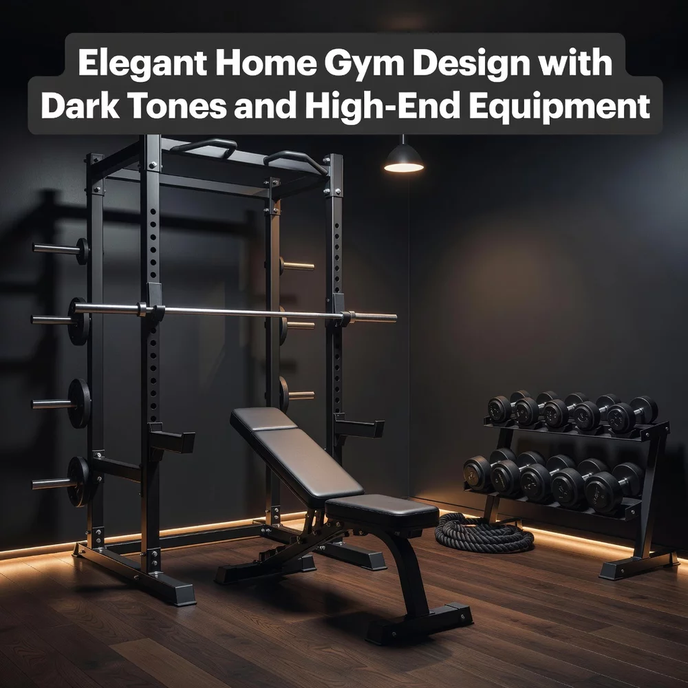 Elegant Home Gym Design with Dark Tones and High-End Equipment