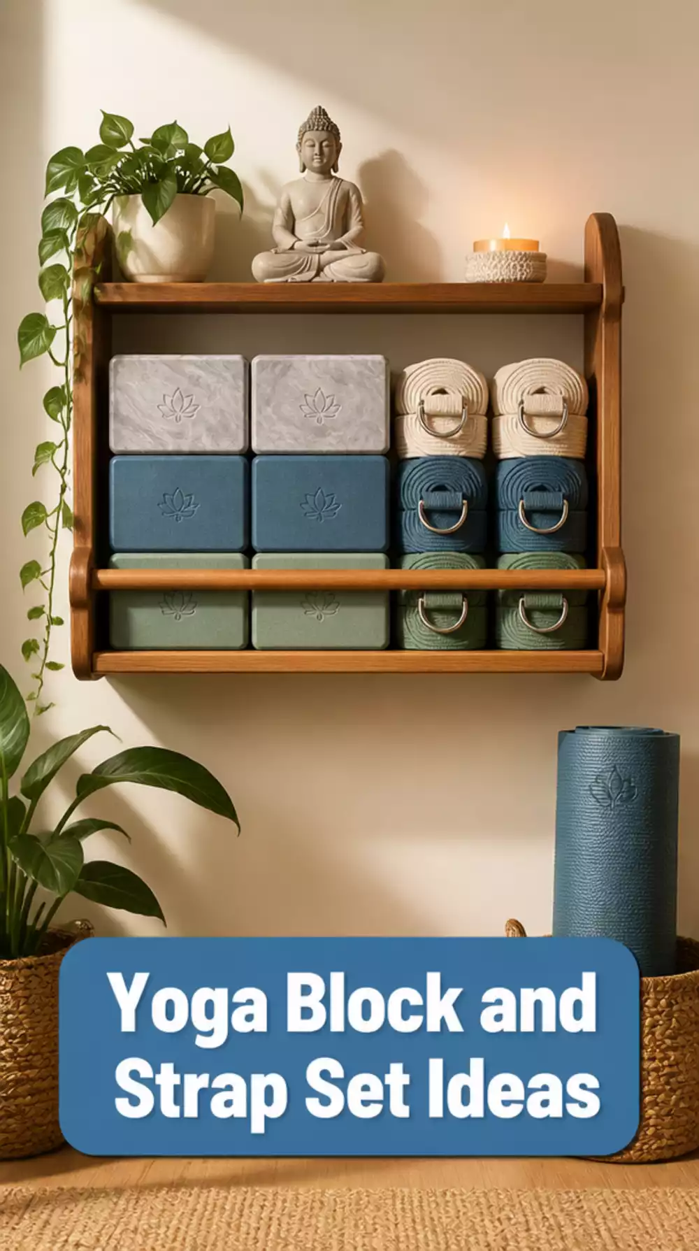 Home Gym Yoga Block and Strap Set Stored on a Slim Wall-Mounted Shelf