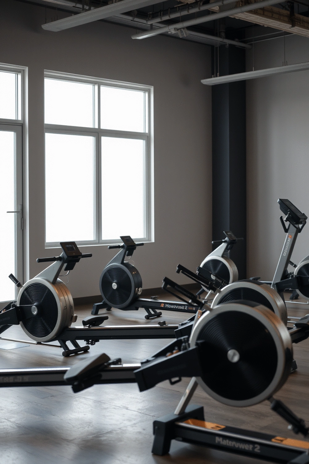 Arrangement of different rowing machine models in a modern fitness studio