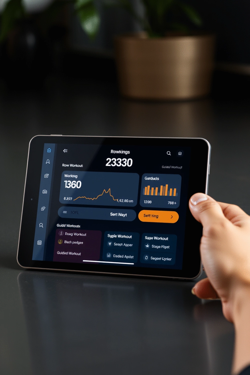 Digital fitness app interface displaying rowing workout statistics and progress
