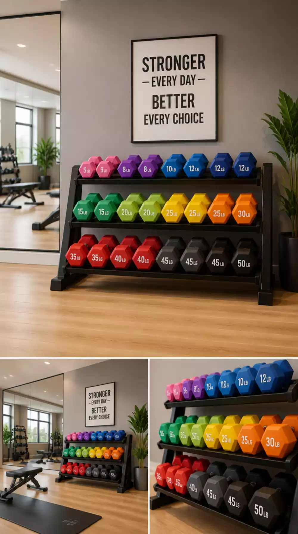 Home Gym Hex Dumbbell Set on a Tiered Rack That Fills a Wall Beautifully