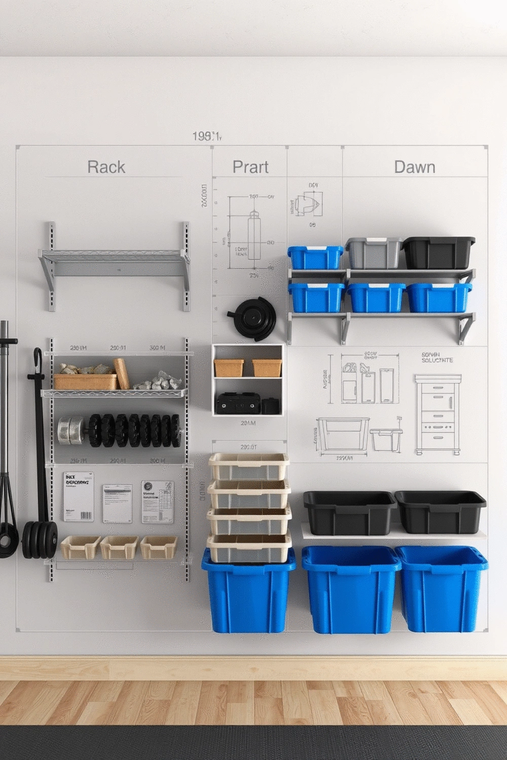 Blueprint or diagram illustrating different storage solutions for a home gym, including wall-mounted racks, shelving units, and storage bins.