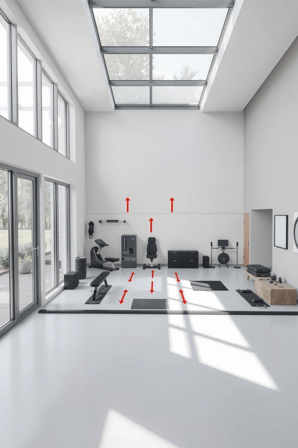 Architectural floor plan of a modern home gym layout, with exercise equipment icons and arrows indicating movement flow, natural light streaming through a large window, and minimalist decor.