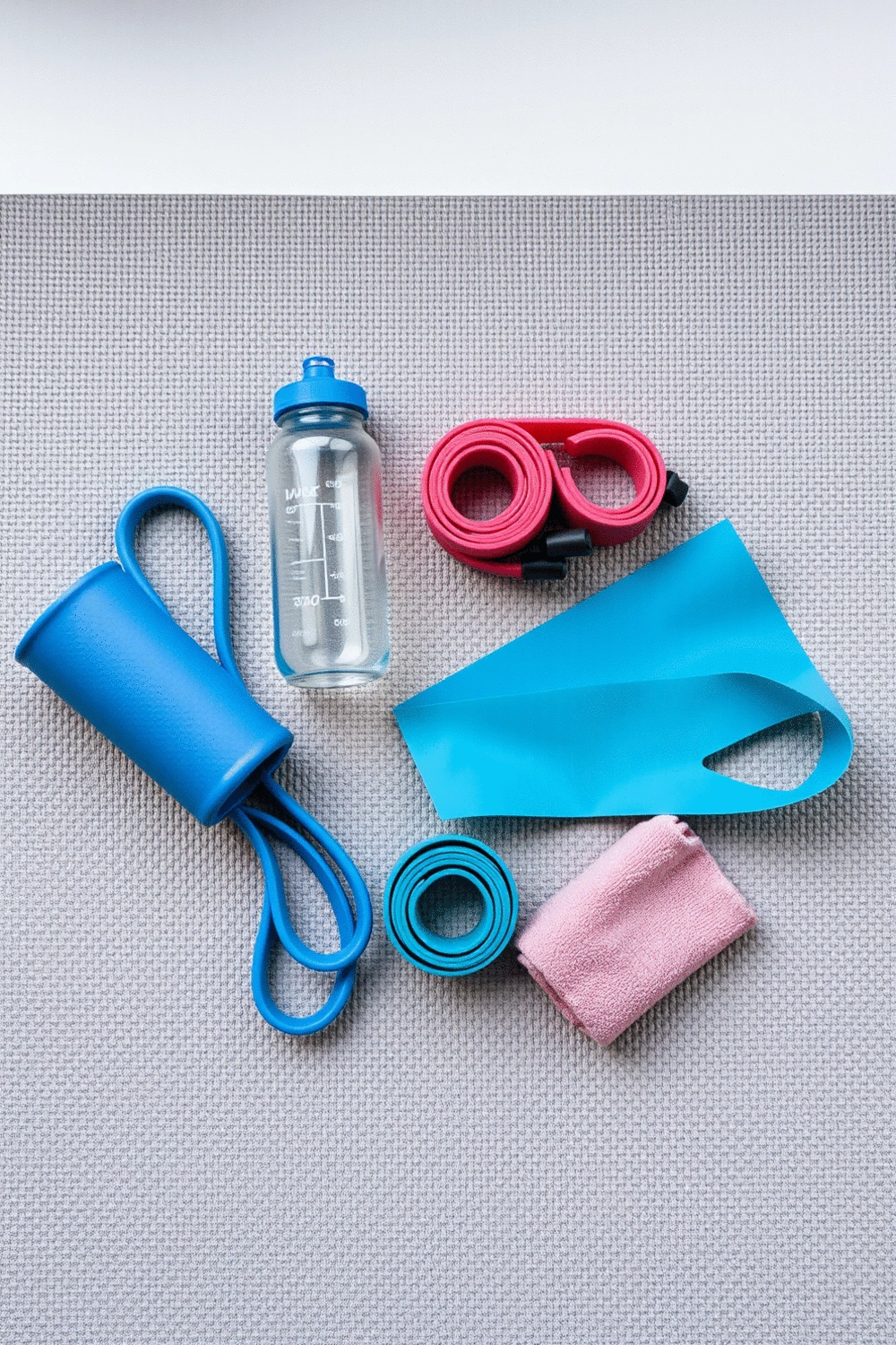 A flat lay of various fitness equipment including neatly rolled resistance bands, a water bottle, and a small towel on a yoga mat, suggesting a home workout setup.