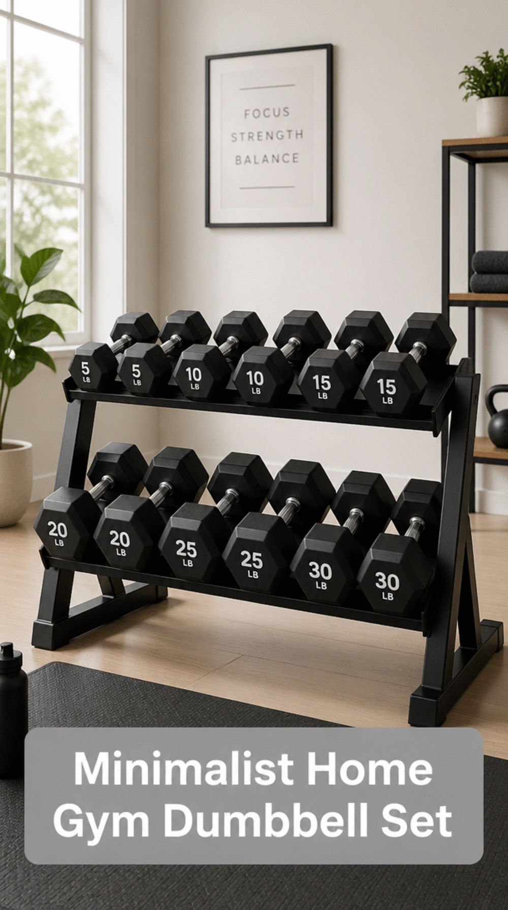 Minimalist Home Gym Dumbbell Set on a Compact Tiered Rack