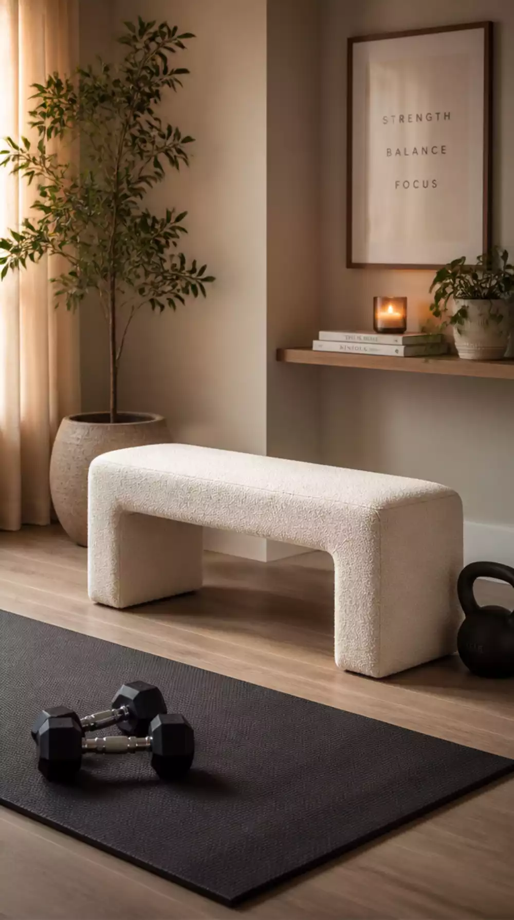 Home Gym Boucle Workout Bench That Adds a Soft Luxury Texture to the Room