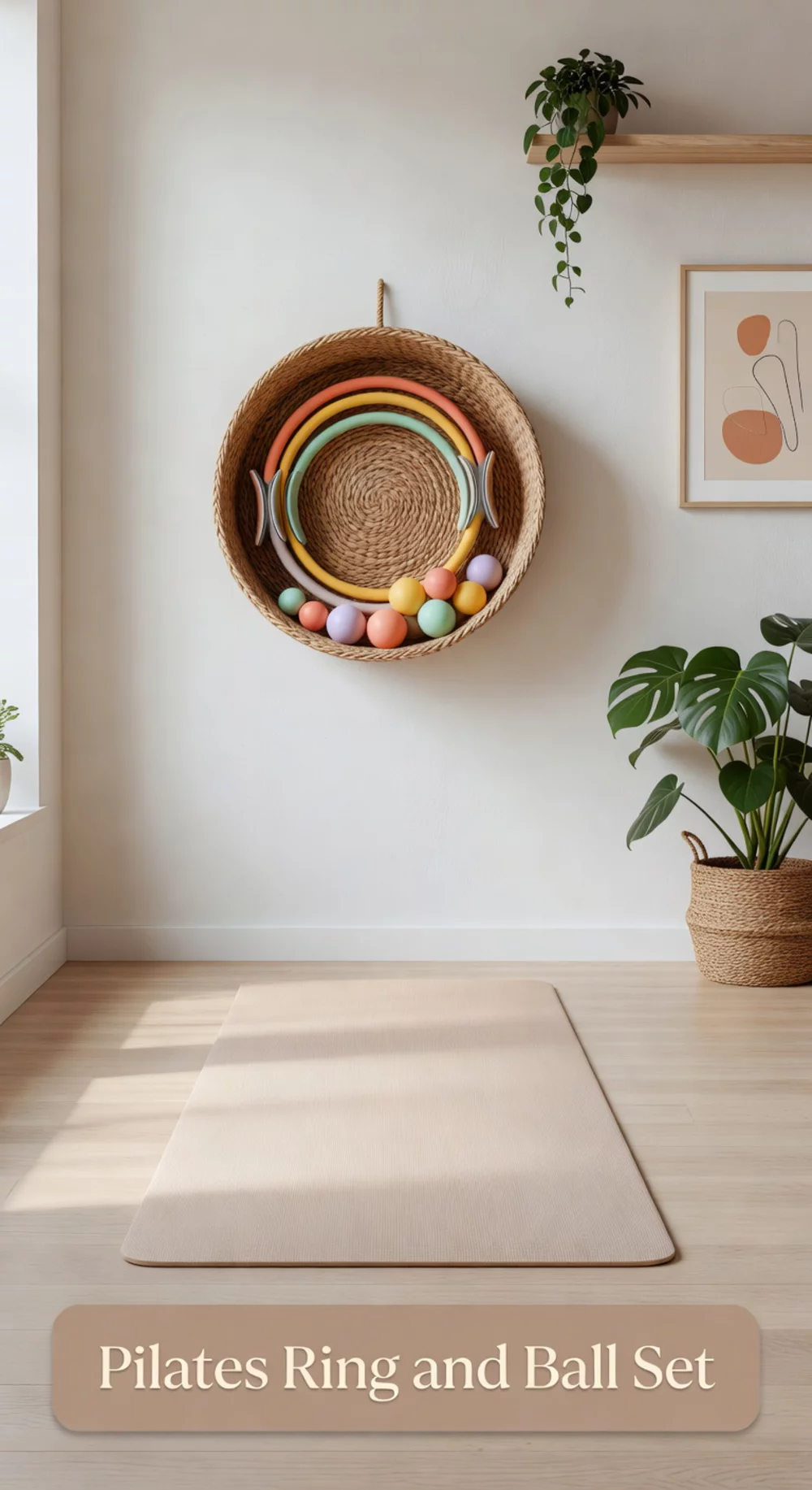 Home Gym Pilates Ring and Ball Set Stored in a Woven Wall Basket