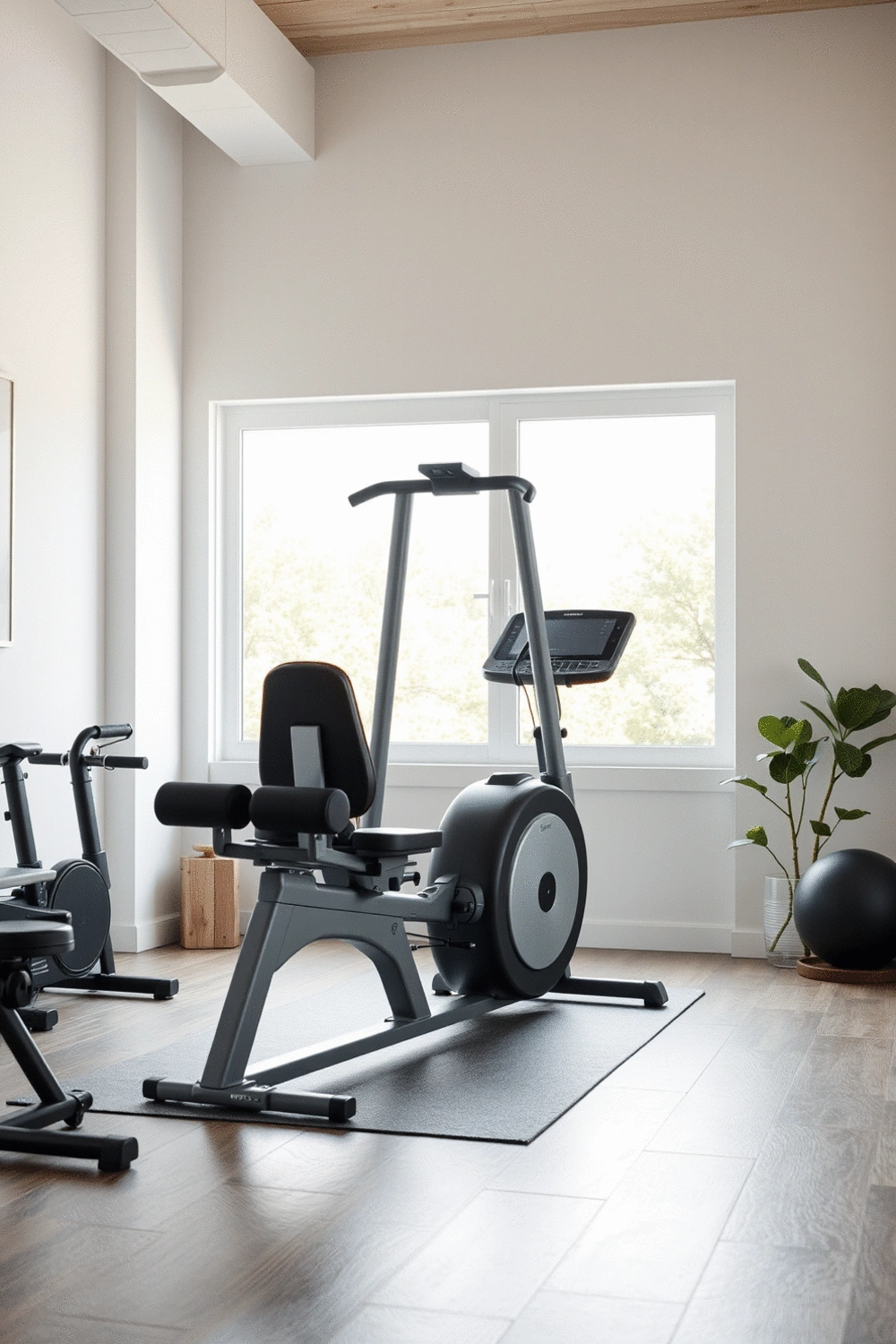Modern multi-functional exercise machine in an uncluttered home gym setting