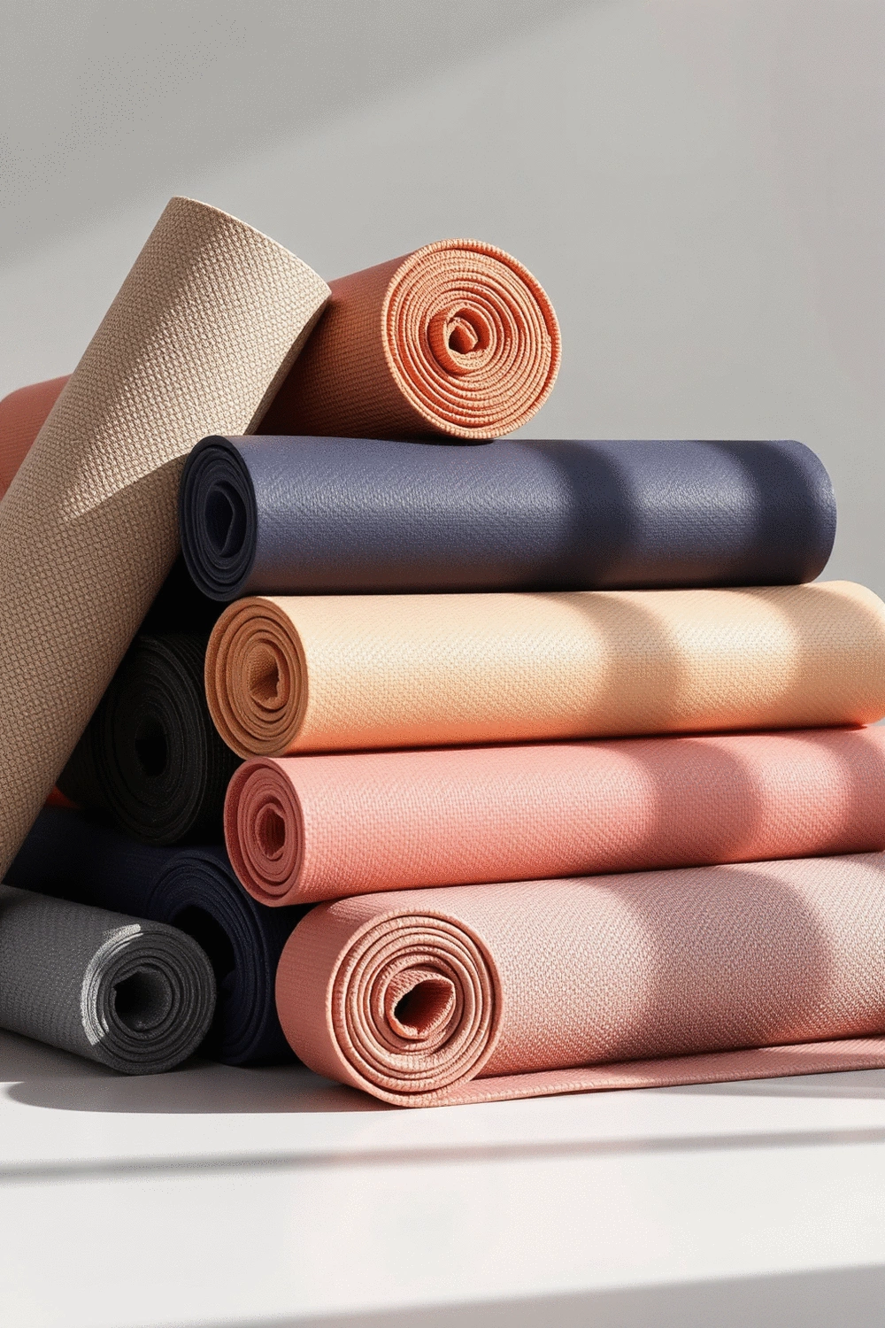 A collection of high-quality, durable yoga mats from reputable brands, neatly rolled and stacked, showcasing various textures and colors in a clean, minimalist setting.