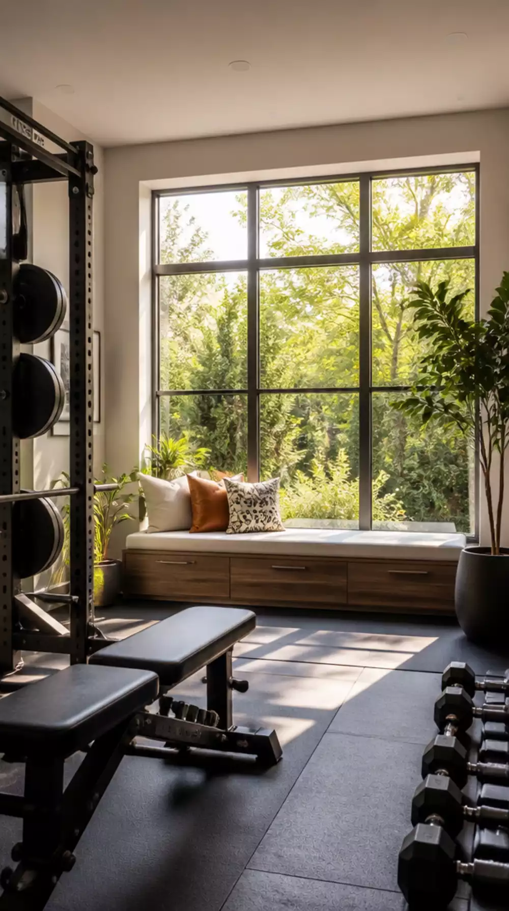 The Indoor-Outdoor Home Gym Trick That Uses a Single Large Window as a Feature Wall