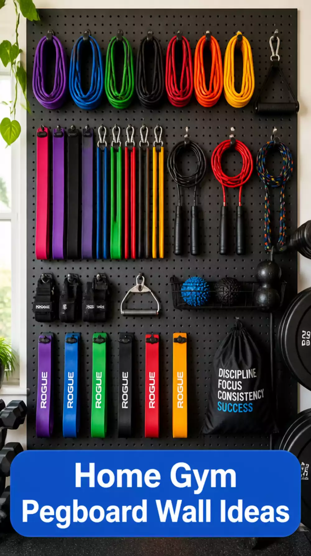 Home Gym Pegboard Wall That Organizes Resistance Bands and Jump Ropes