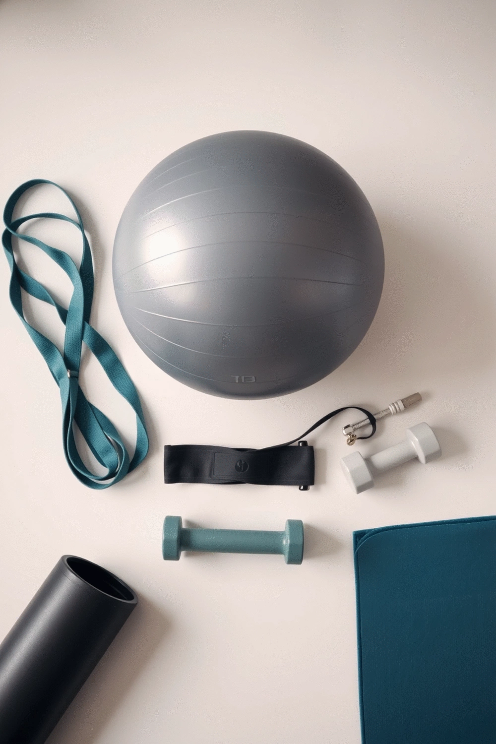 A flat lay of various gym equipment including a stability ball, resistance bands, and light weights on a clean background.