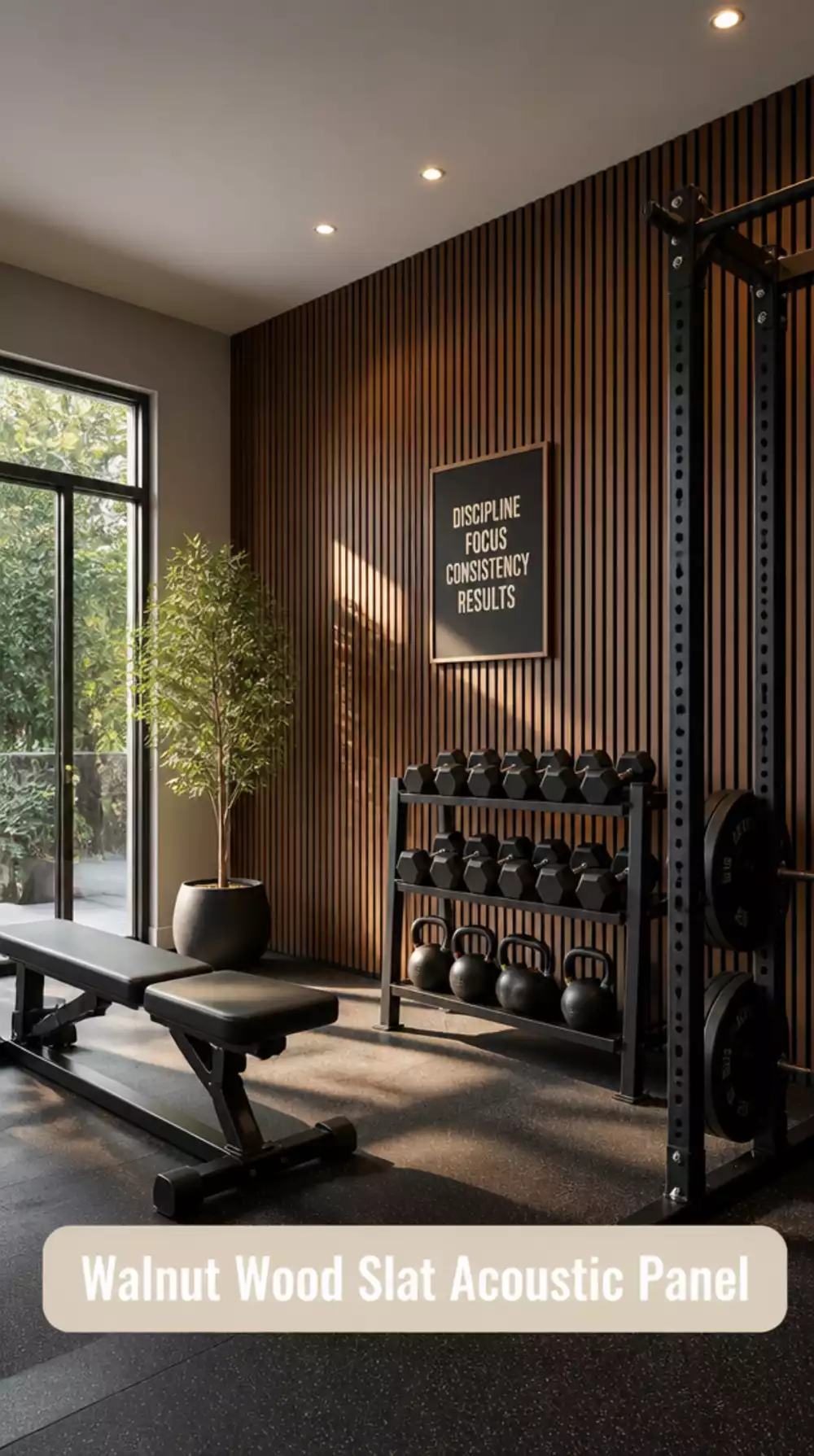 Walnut Wood Slat Acoustic Panel That Makes a Home Gym Wall Look Expensive