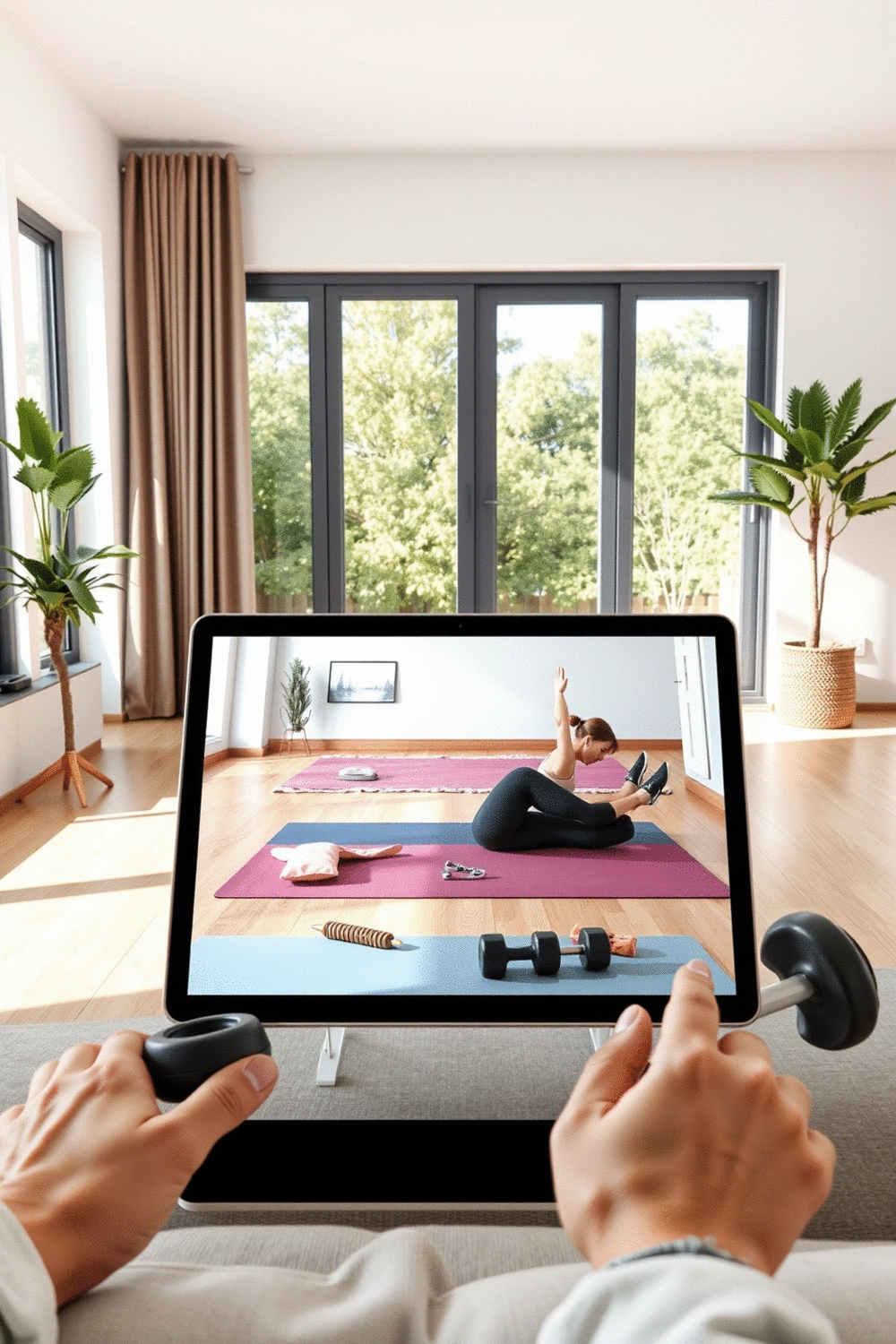 A tablet displaying a virtual fitness class in a bright, modern living room with yoga mats and weights, symbolizing interactive home workouts.