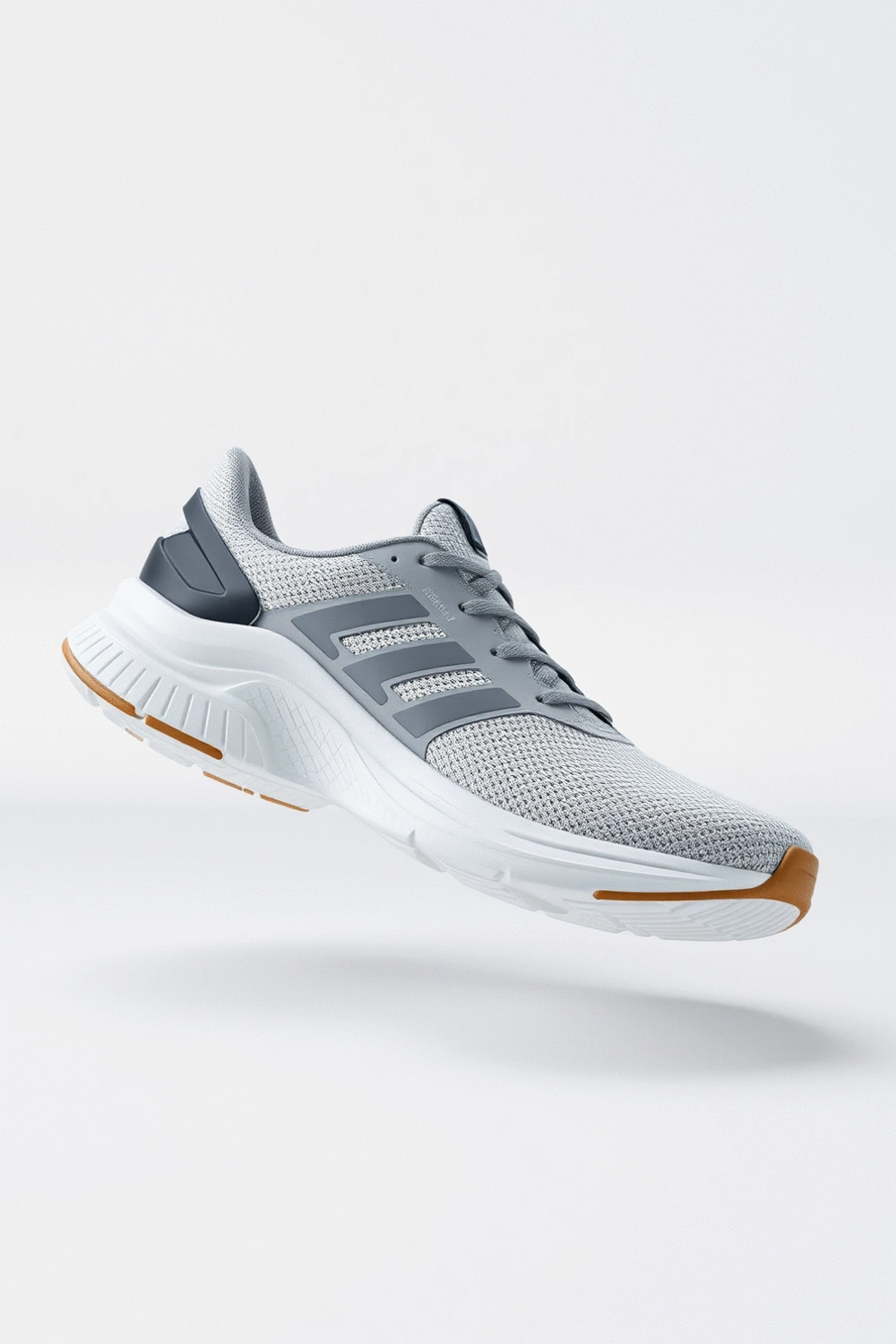 A pristine, modern ergonomic running shoe with advanced cushioning and arch support, displayed on a clean, minimalist background, emphasizing its design features.