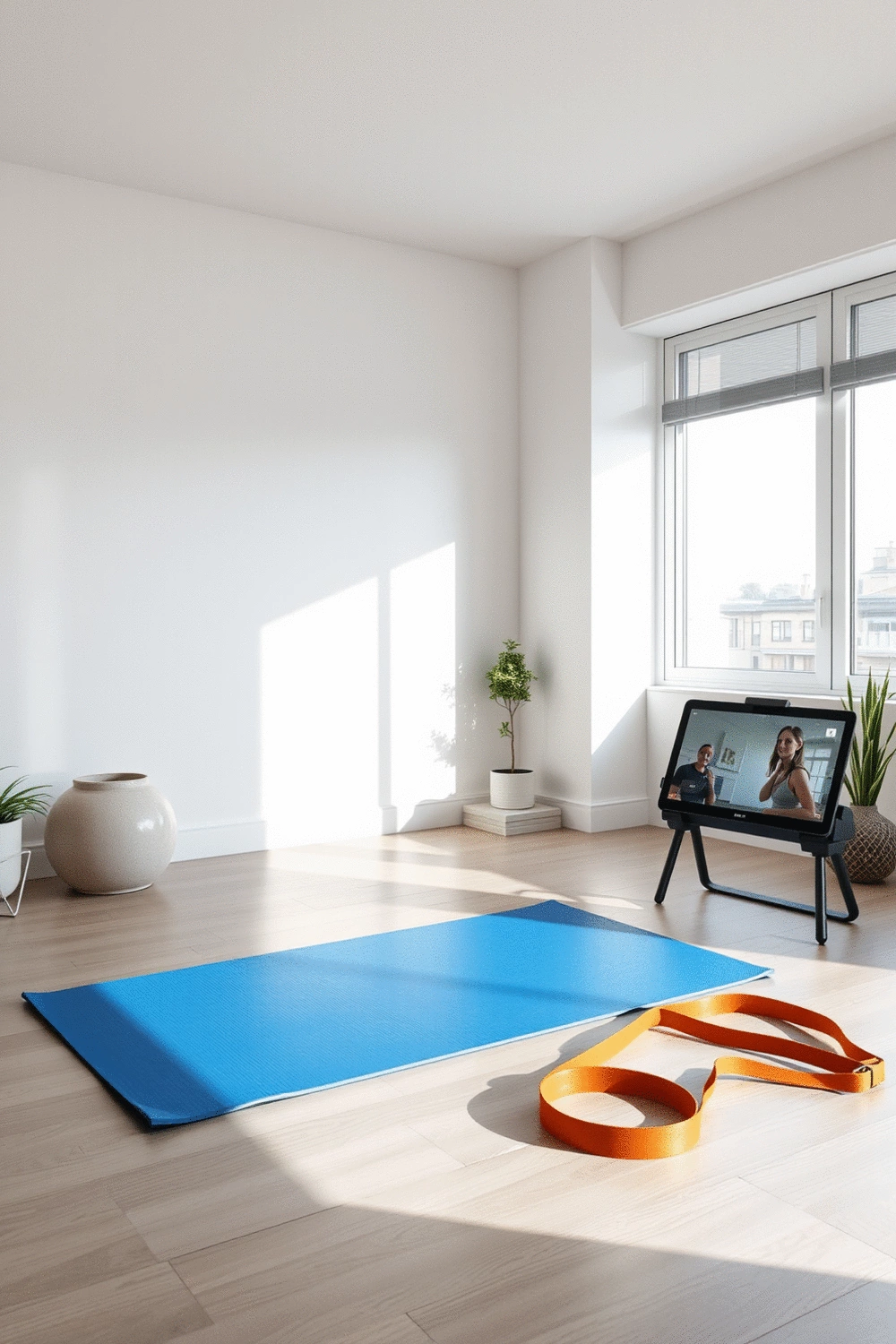 A sleek, minimalist home workout space featuring a yoga mat, resistance bands, and a tablet displaying a virtual fitness class, with soft natural light.
