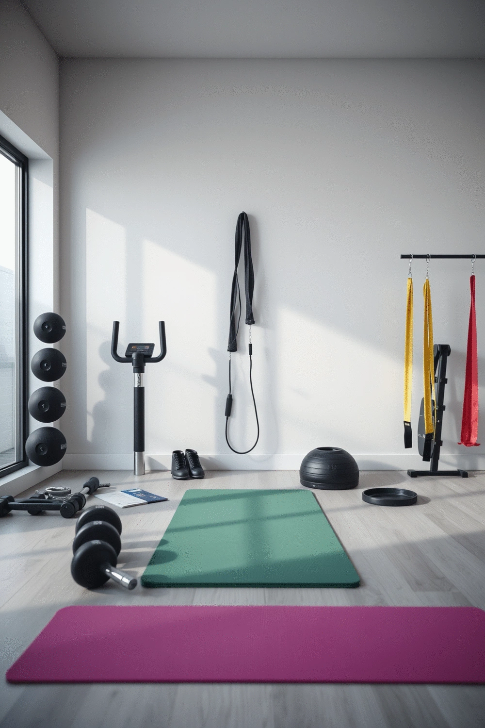 Modern home gym setup with various fitness equipment like dumbbells, resistance bands, and a yoga mat, in a clean, well-lit room.