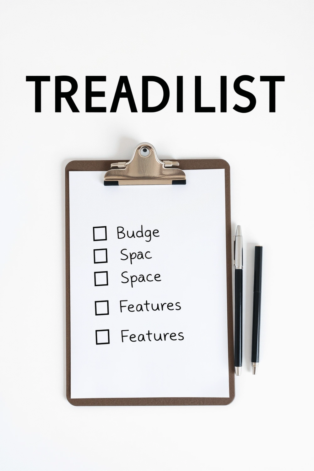 A minimalist checklist for treadmill buying, with checkmarks next to 'Budget', 'Space', and 'Features' on a clipboard.
