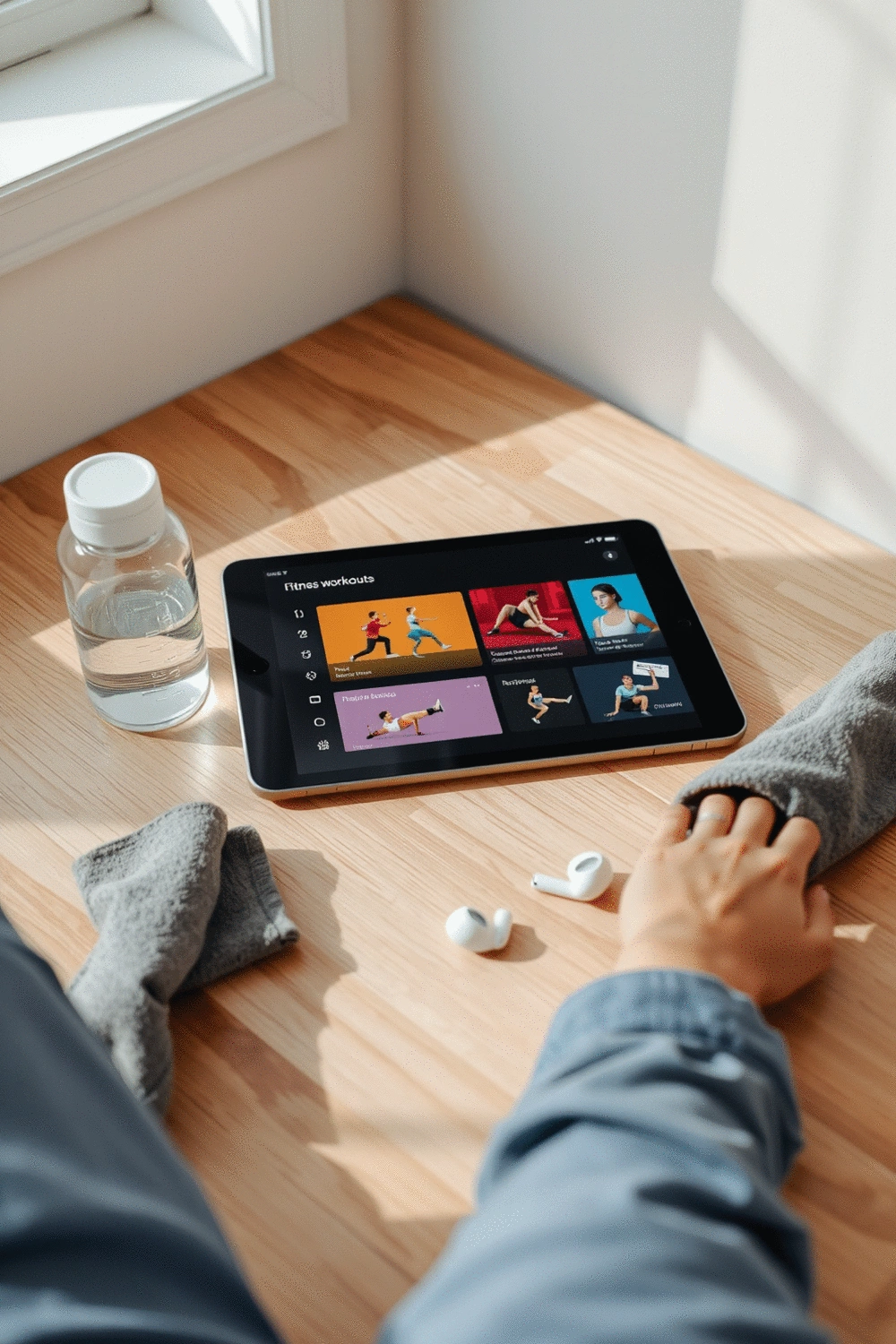 A tablet displaying a fitness app with various workout options, surrounded by small home gym accessories like a water bottle and a towel