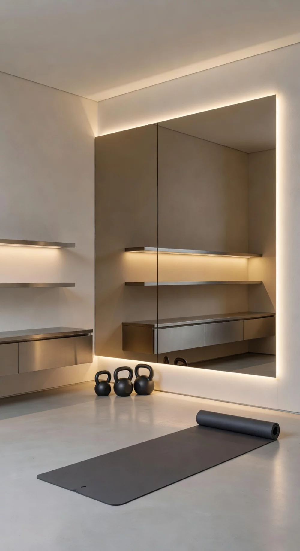 Home Gym Backlit Mirror That Replaces Overhead Lighting with a Warm Glow