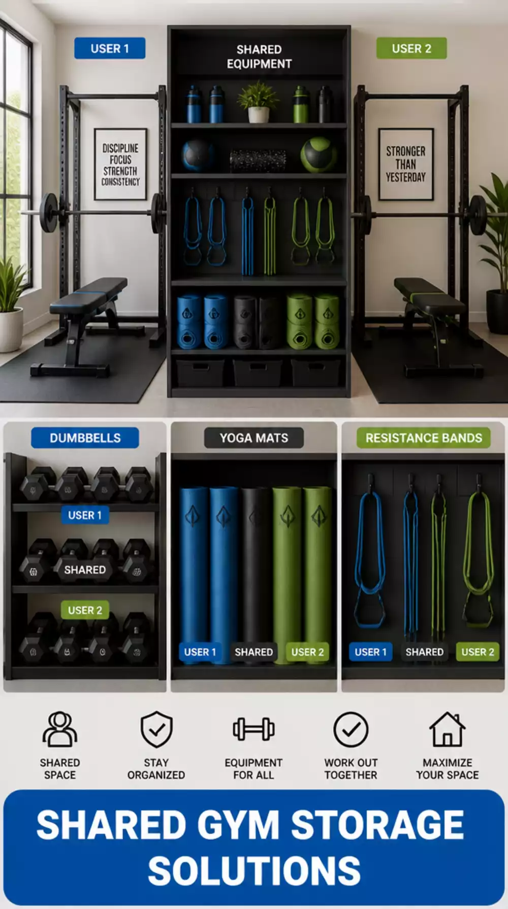 The Home Gym Shared Storage Trick That Keeps Two People's Equipment Clearly Separated
