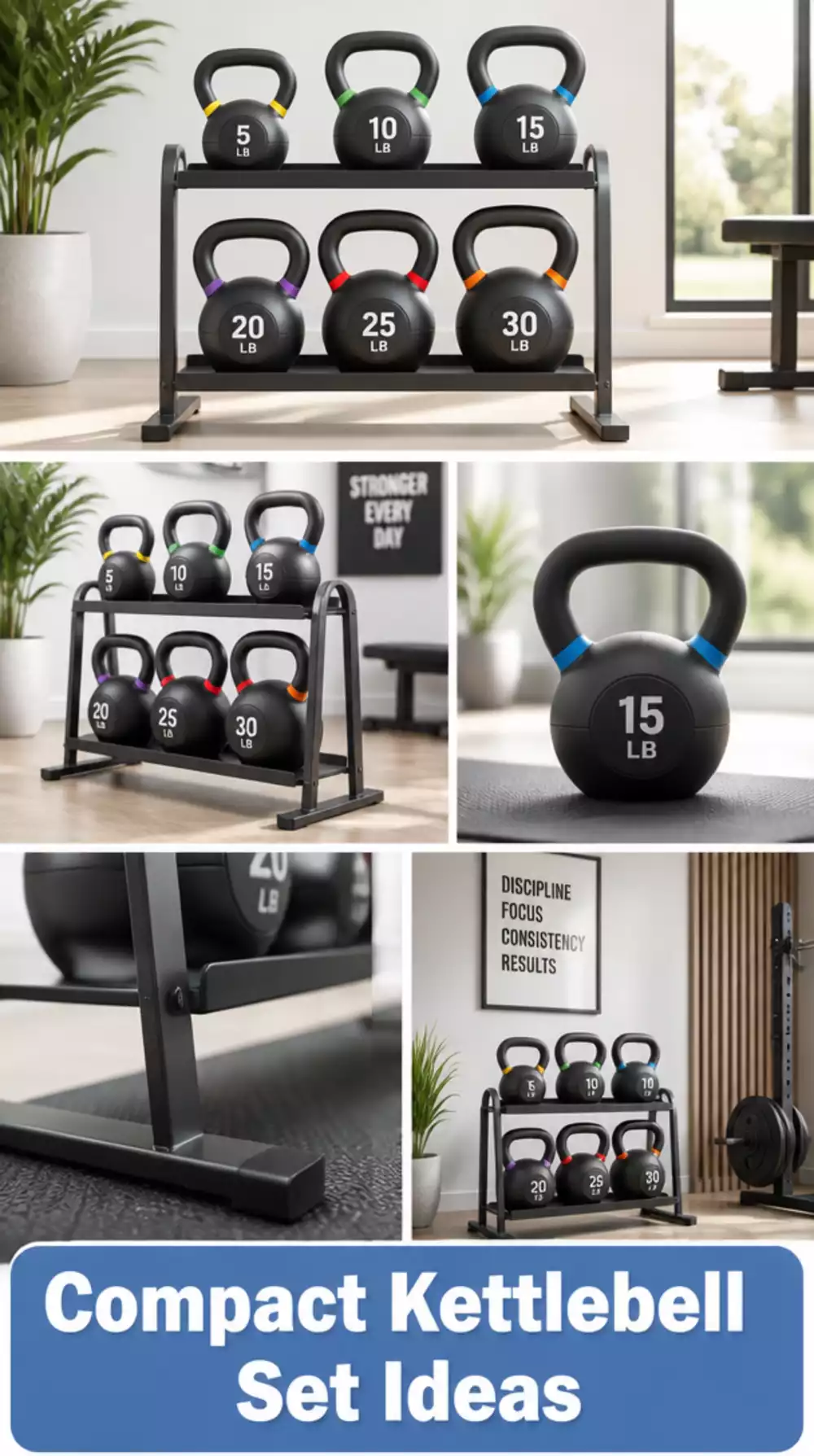 Home Gym Compact Kettlebell Set from Eight to Twenty-Four Kilograms on a Slim Stand