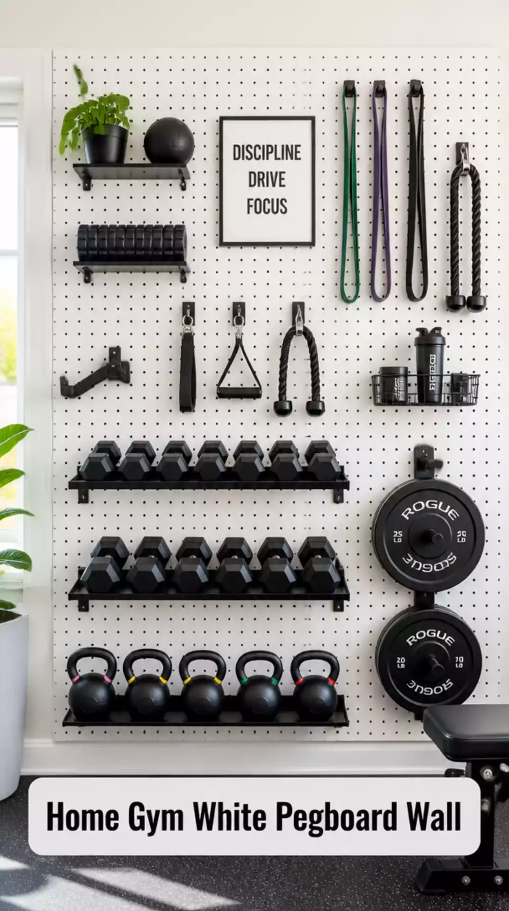 Home Gym White Pegboard Wall That Organises Equipment Without Adding Visual Weight