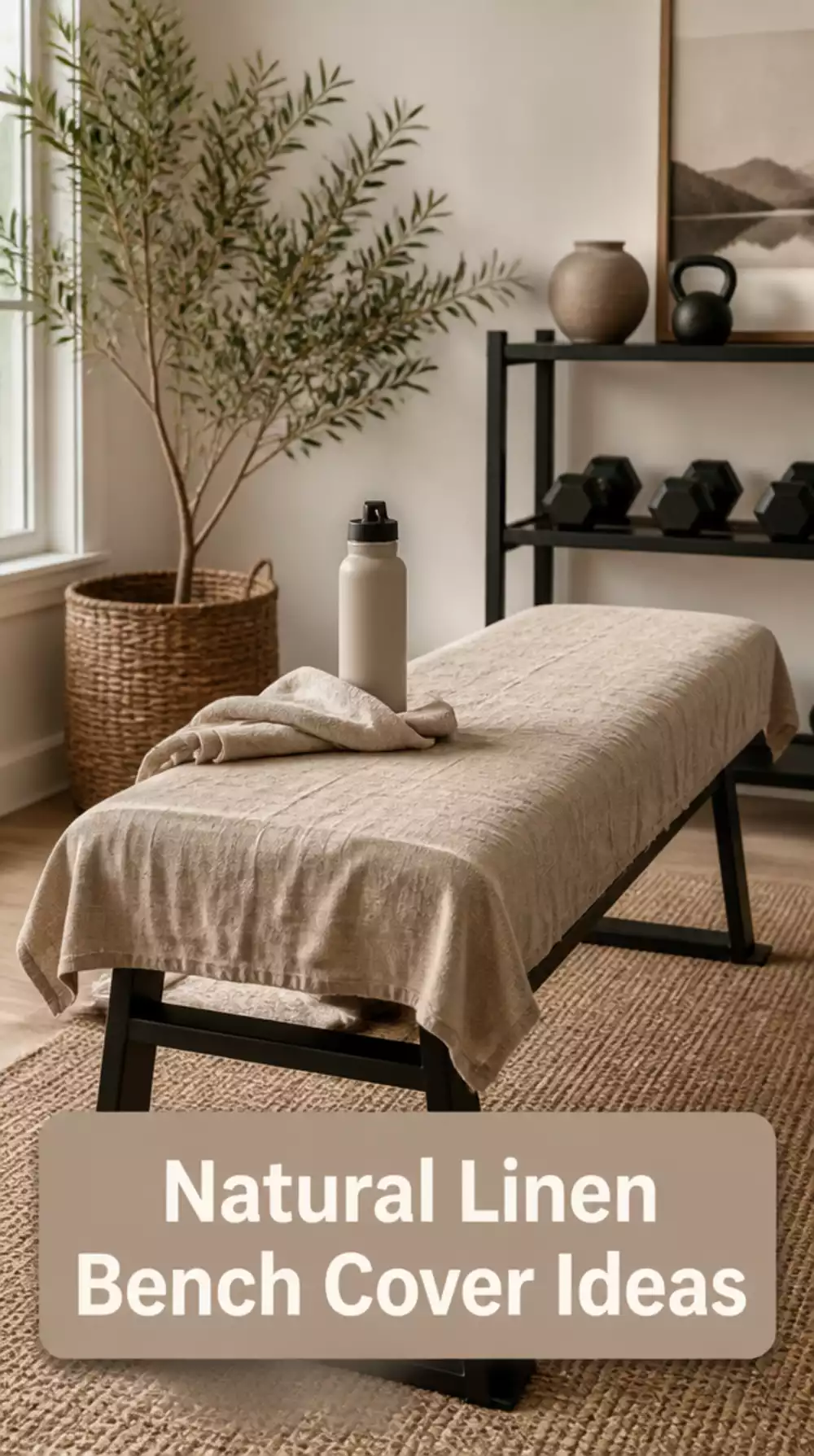 Home Gym Natural Linen Bench Cover That Softens a Utility Bench for a Japandi Look
