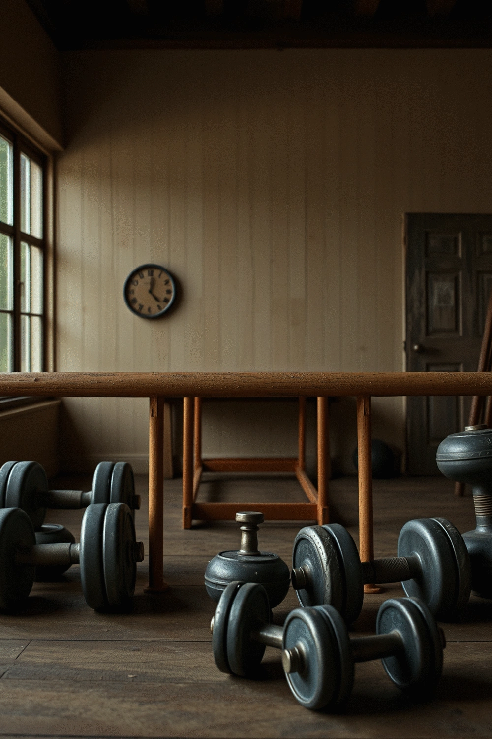 Vintage dumbbells and hurdles in a Victorian-era home gym setting, top-down view