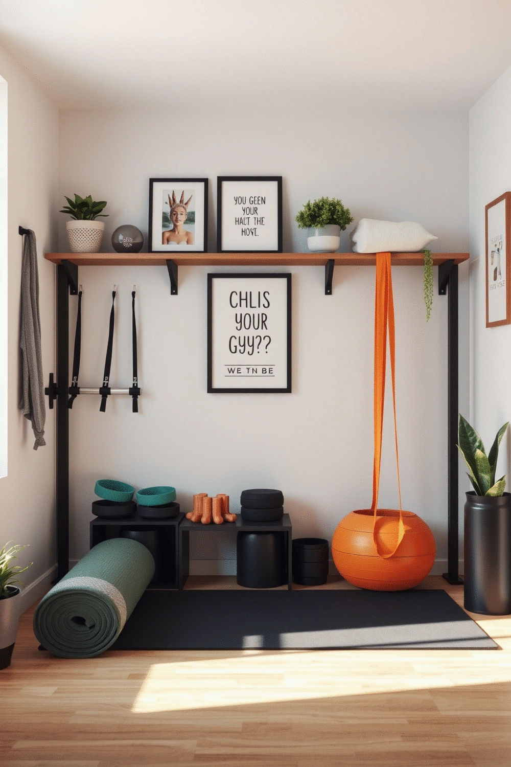 A tidy and well-organized home gym space with various fitness equipment and motivational decor.