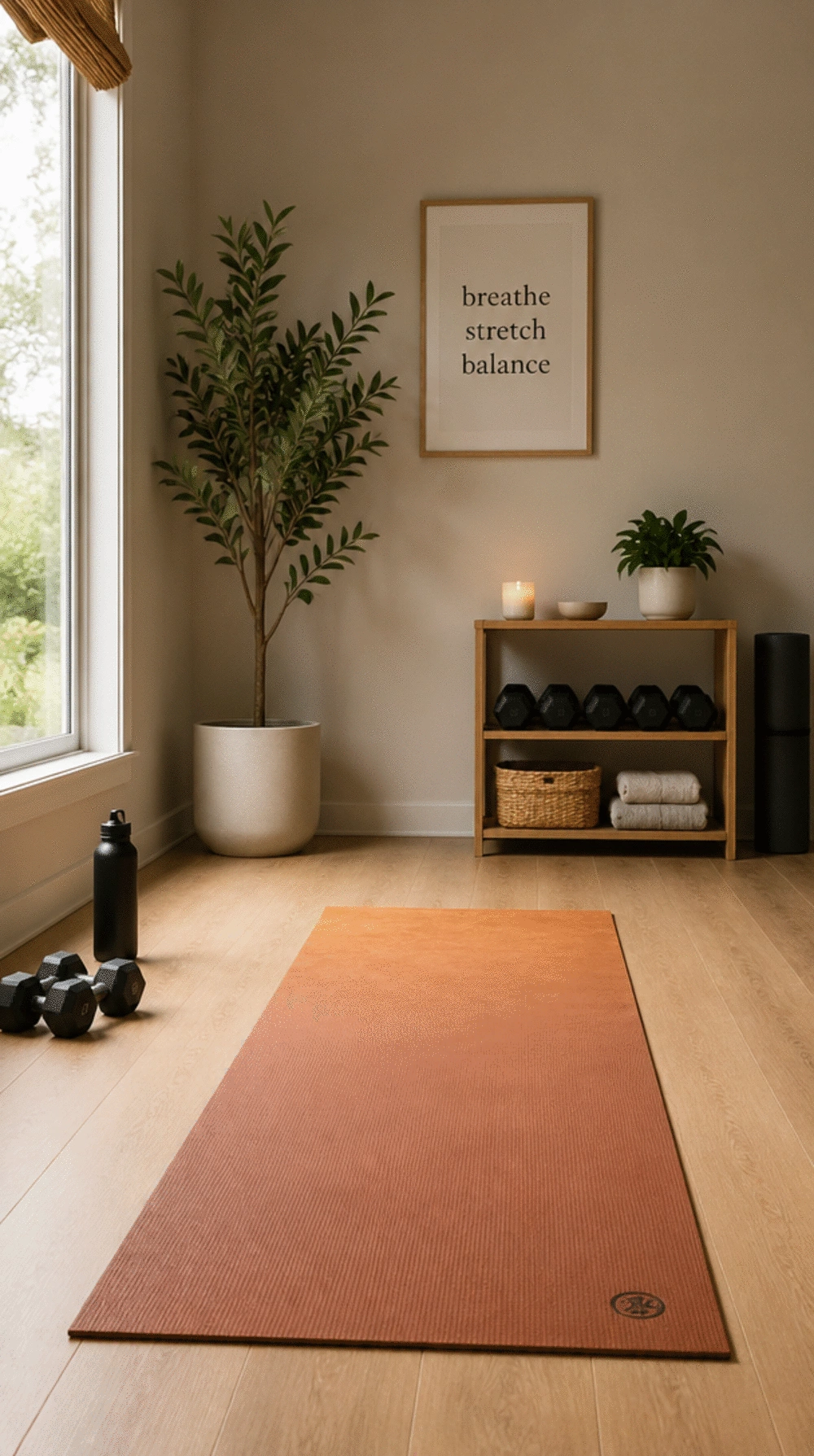 Home Gym Yoga Mat in a Warm Neutral Tone That Anchors the Space
