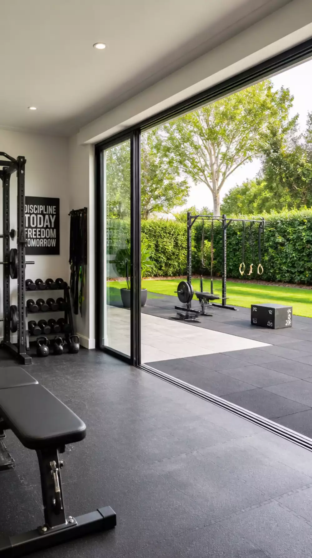 Home Gym Sliding Glass Panel That Turns an Indoor Gym into an Open-Air Workout Space