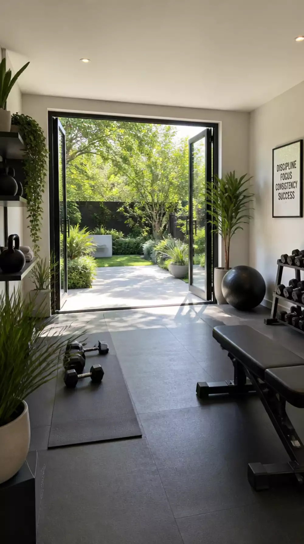 Home Gym Floor-to-Ceiling Glass Door That Opens the Workout Space to the Garden