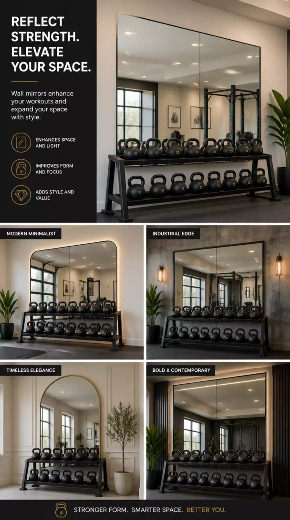 Home Gym Wall Mirror Behind a Kettlebell Rack That Makes the Corner Look Designed