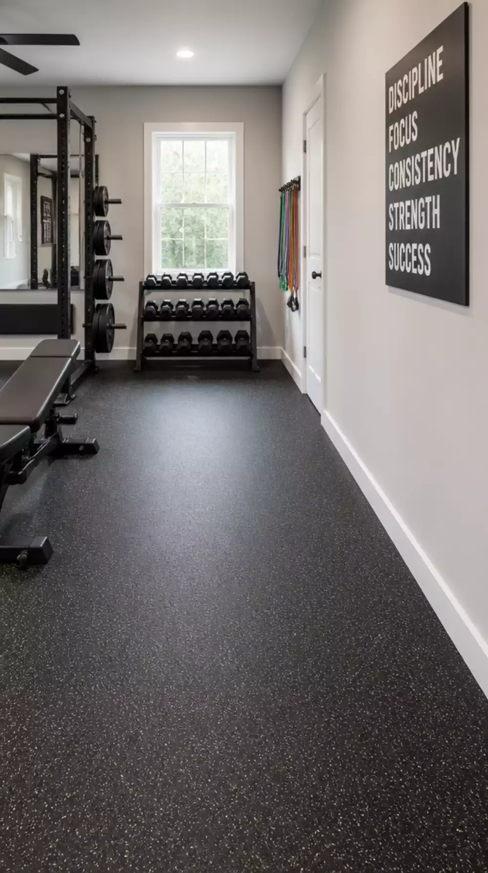 Home Gym Rubber Flooring with Beveled Edges That Sits Flush Against Walls
