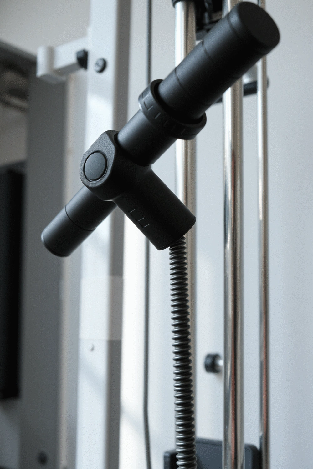 Close-up of a well-designed weight machine with ergonomic handles and adjustable components, showcasing biomechanical principles in its structure.