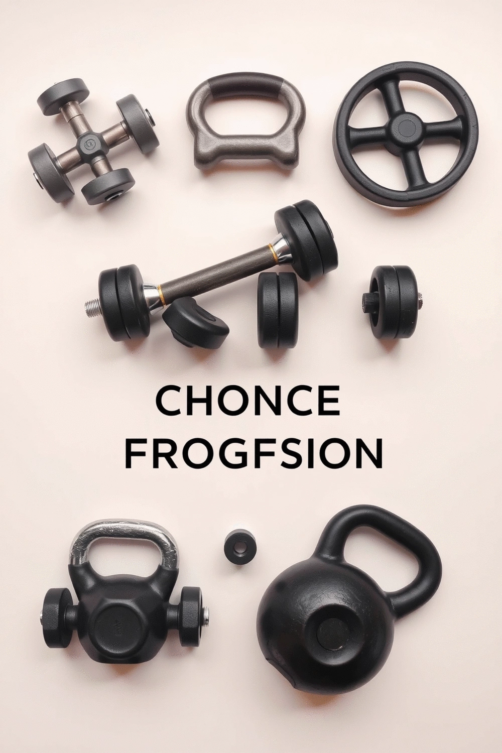 A flat lay of various free weights, including adjustable dumbbells and kettlebells, on a clean, light-colored background, emphasizing choice and progression