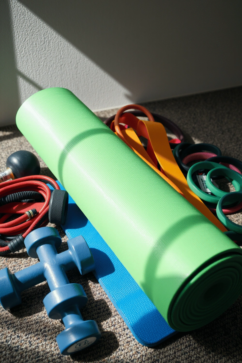 A collection of various gym accessories like resistance bands, dumbbells, and a yoga mat, neatly arranged for a home workout