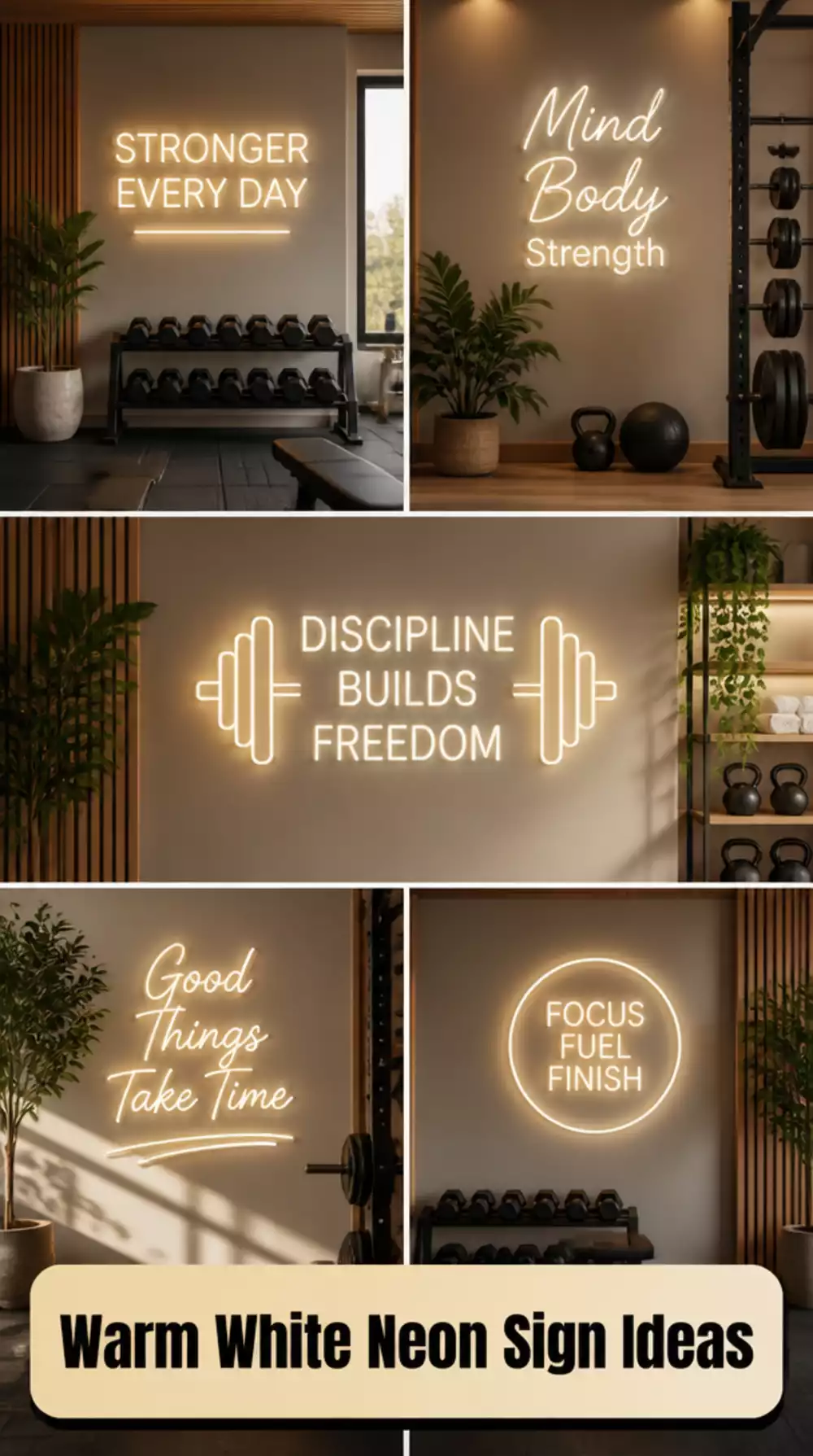 Home Gym Neon Sign in Warm White That Suits a Neutral Minimal Gym Aesthetic