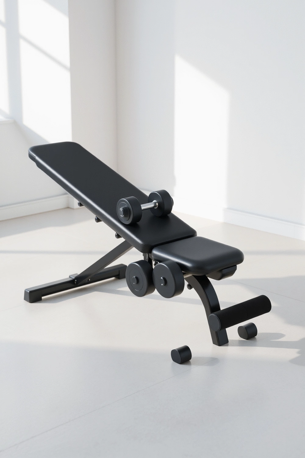 Foldable workout bench with adjustable dumbbells on a clean, light-colored floor, ready for a full-body workout