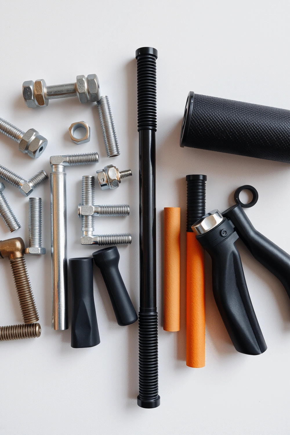 A flat lay of various durable gym equipment components, including steel bolts, aluminum tubing, and high-density plastic grips, highlighting material quality.
