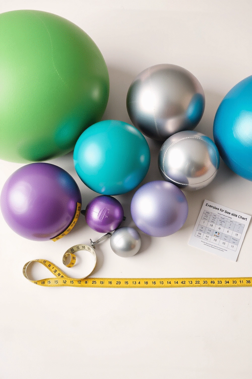 A flat lay of various sized exercise balls in different colors, with a measuring tape and a size chart graphic nearby, on a clean, light background.