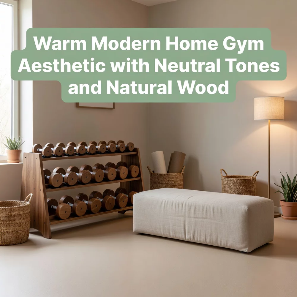 Warm Modern Home Gym Aesthetic with Neutral Tones and Natural Wood