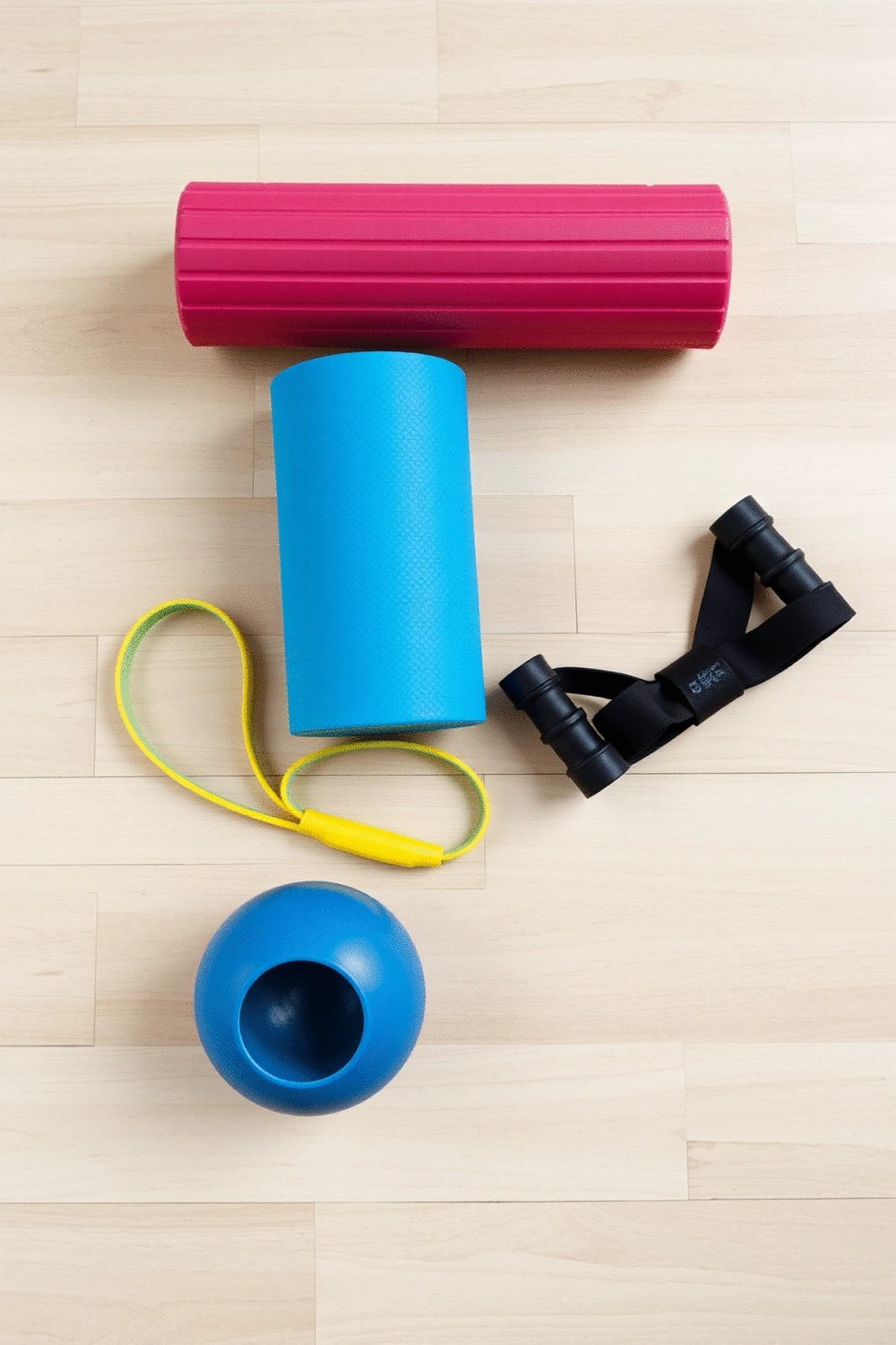 A flat lay of various recovery tools: a foam roller, a resistance band, and a small massage ball, arranged neatly on a light wood floor. Soft, even studio lighting.