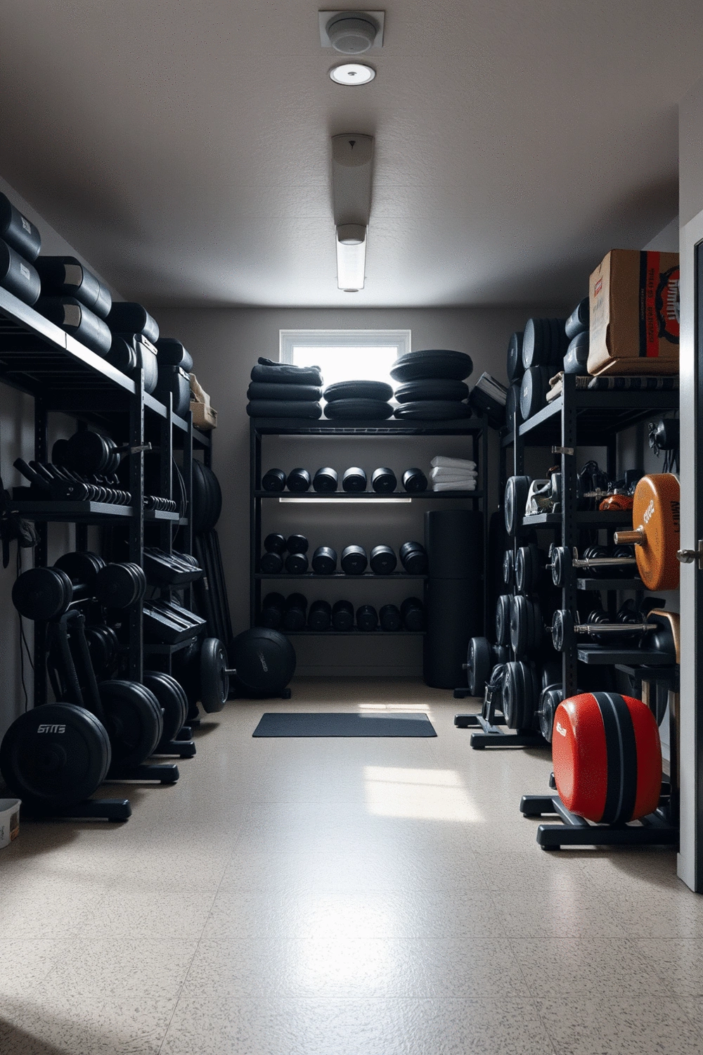 Organized home gym with various fitness equipment neatly stored on racks and shelves.