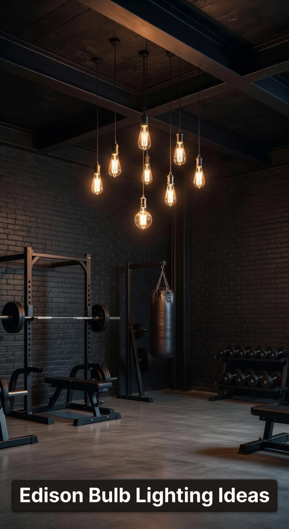 Industrial Home Gym Edison Bulb Pendant Light That Adds Warm Contrast to Dark Walls